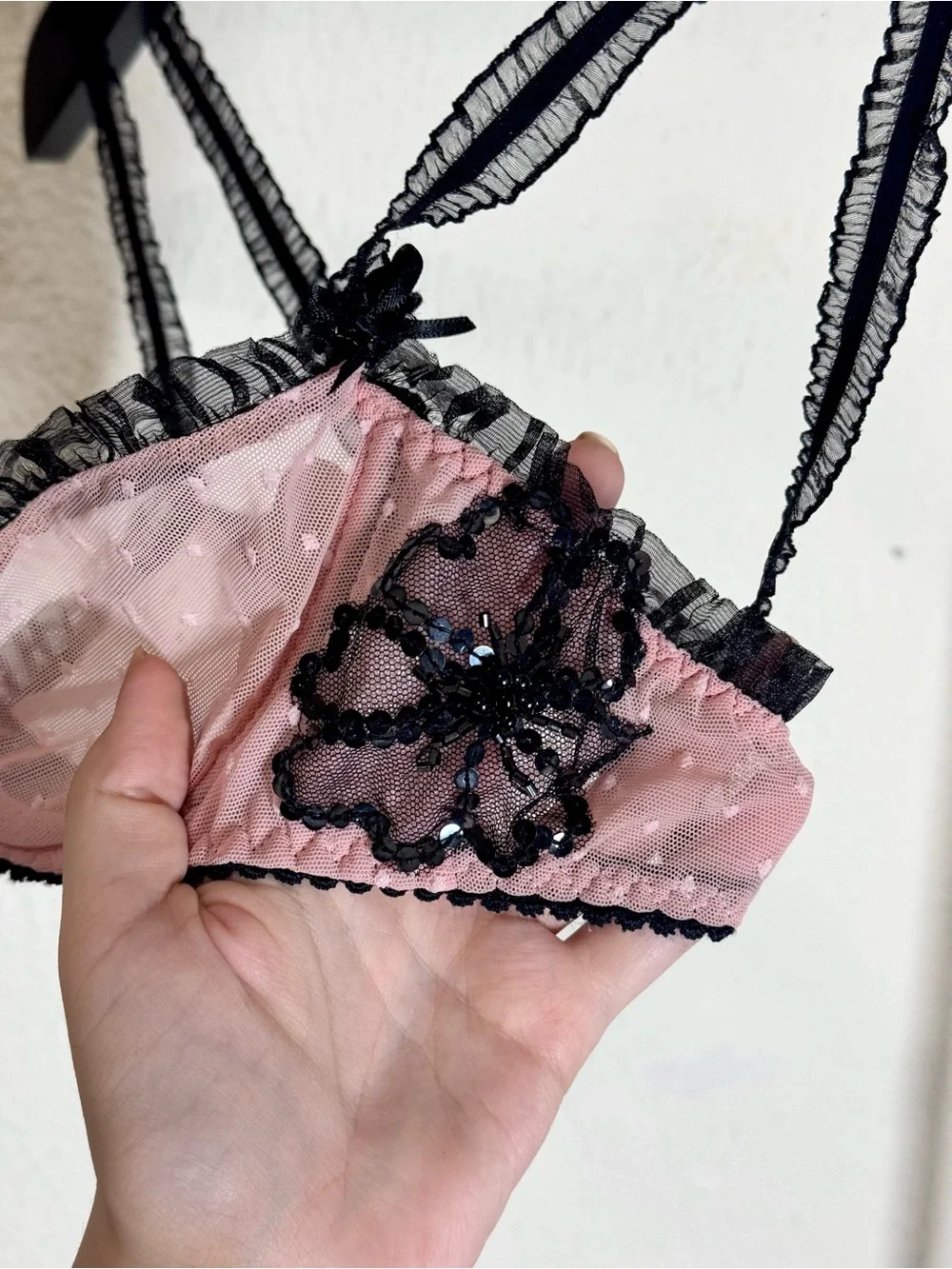 Sarah Fisk Sheer Pink & Black Embellished Underwire Bra | 34B - Picture 3 of 3